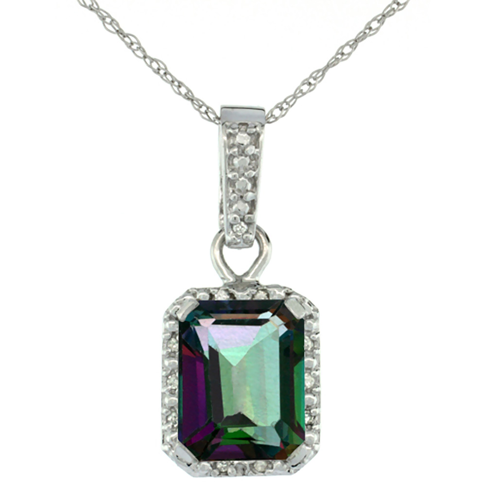 10K White Gold Natural Mystic Topaz Pendant Octagon 8x6 mm & Diamond Accents