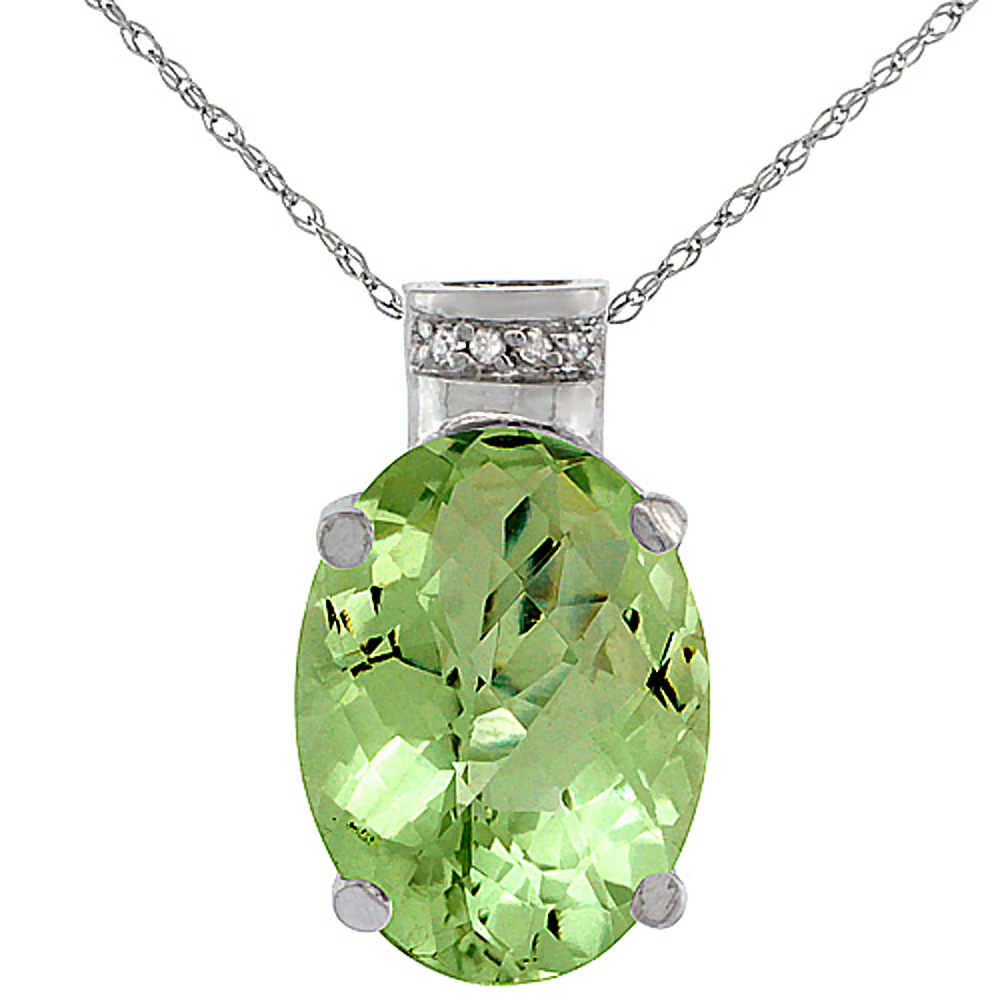 10K White Gold Diamond Natural Peridot Pendant Oval 14x10 mm
