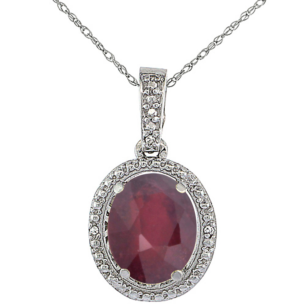 10K White Gold 0.09 cttw Diamond Enhanced Genuine Ruby Pendant Oval 10x8 mm