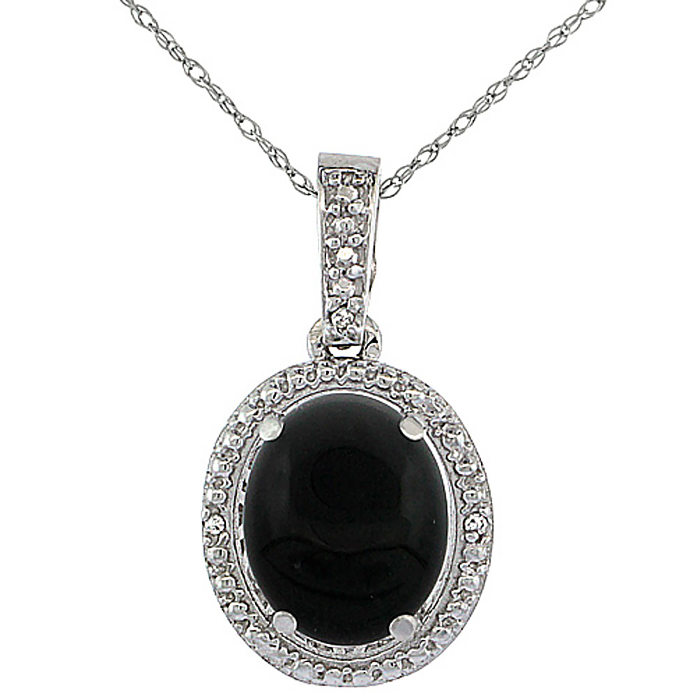 10K White Gold 0.09 cttw Diamond Natural Black Onyx Pendant Oval 10x8 mm