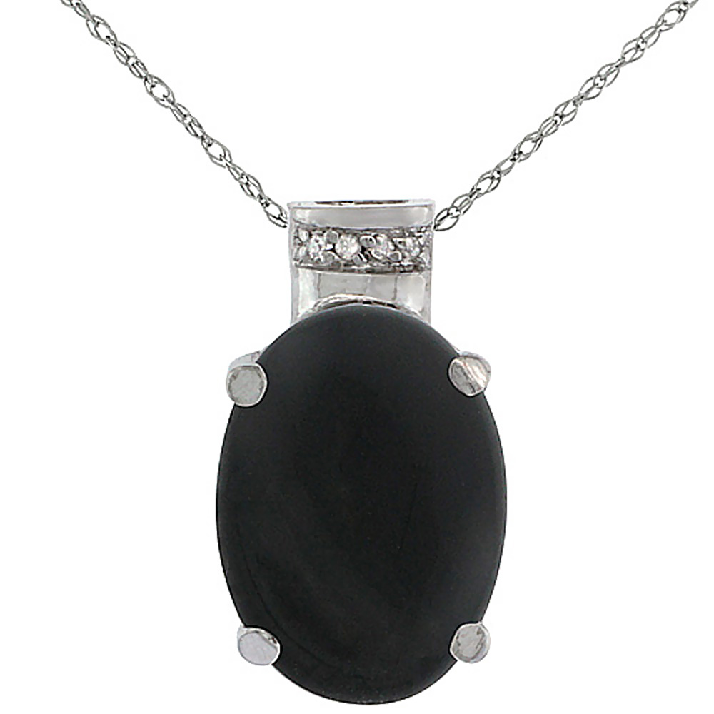 10K White Gold Diamond Natural Black Onyx Pendant Oval 14x10 mm