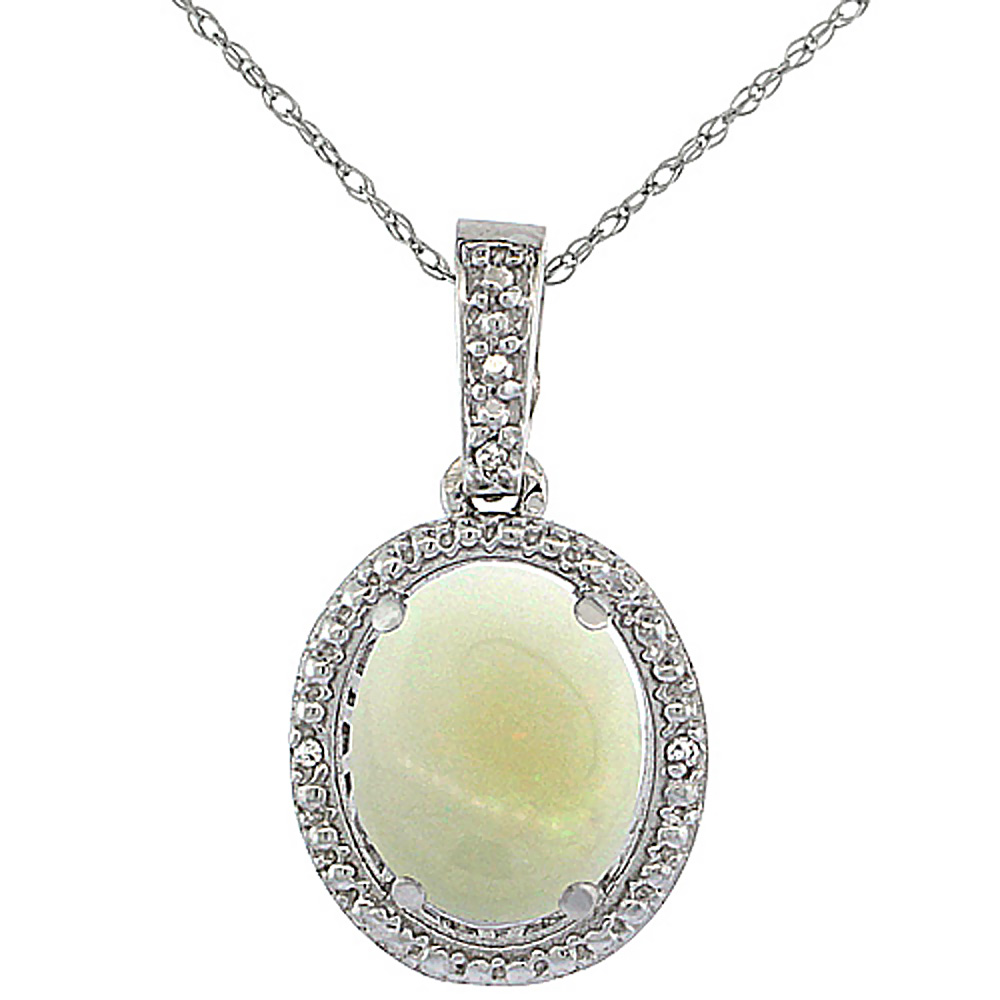 10K White Gold 0.09 cttw Diamond Natural Opal Pendant Oval 10x8 mm