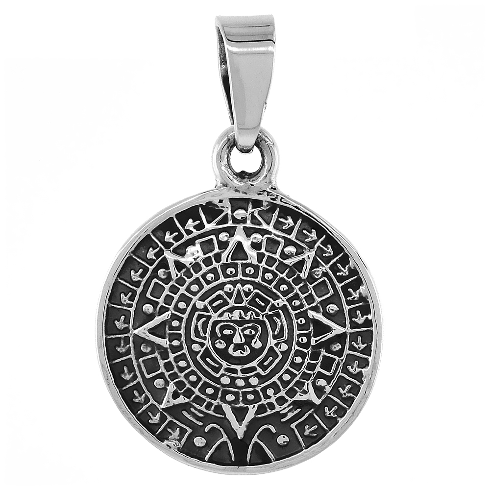 Sterling Silver Double Sided Aztec Calendar Pendant Handmade, 3/4 inch (20 mm)