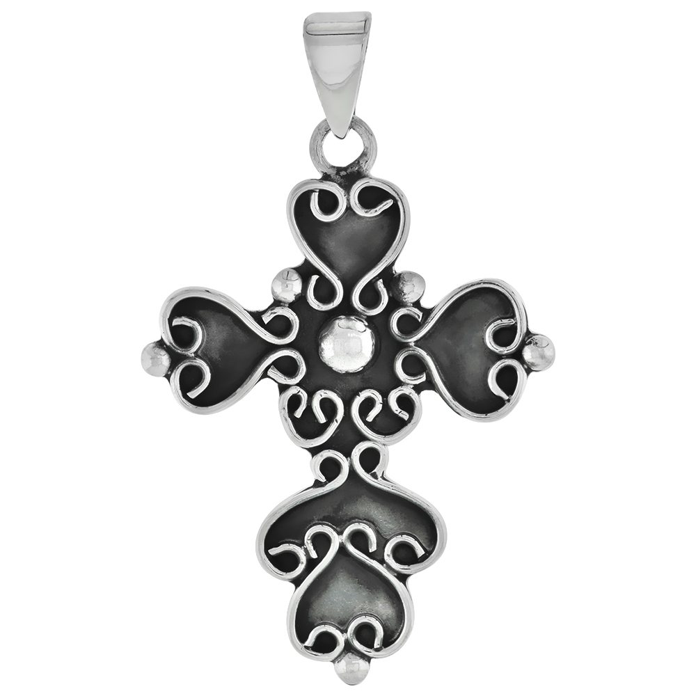 Large 2 1/4 inch Sterling Silver Heart Scroll Pectoral Cross Necklace for Women and Men Handmade with or without chain