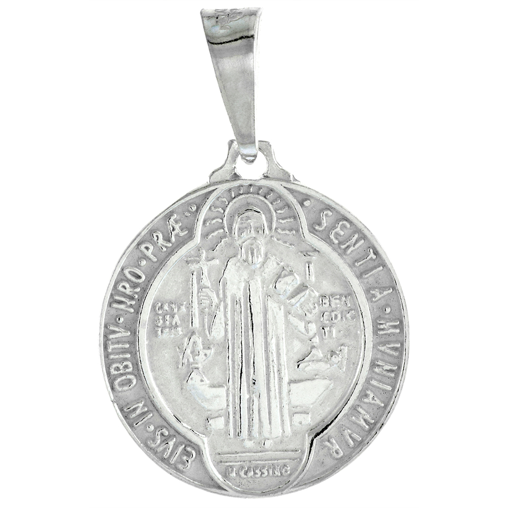 1 inch Sterling Silver St Benedict Medal Pendant for Men 24 mm Round