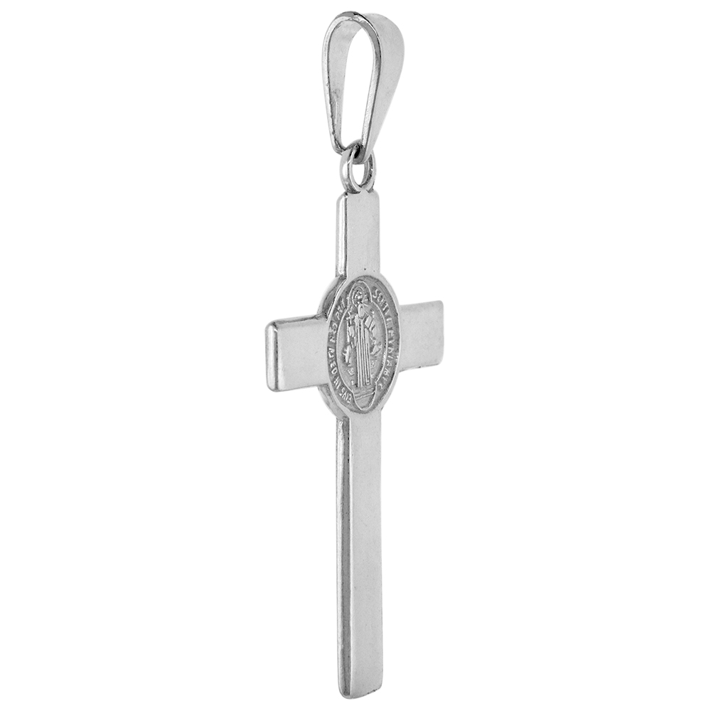 1 5/8 inch Sterling Silver St Benedict Cross for Men Polished finish 41 mm tall