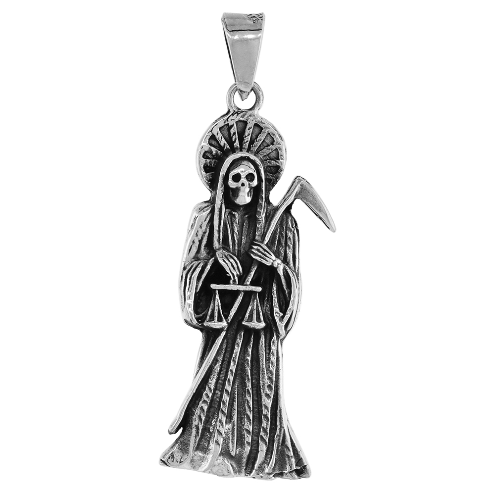 1 1/2 inch Sterling Silver Santa Muerte Pendant for Men Oxidized finish 39 mm tall