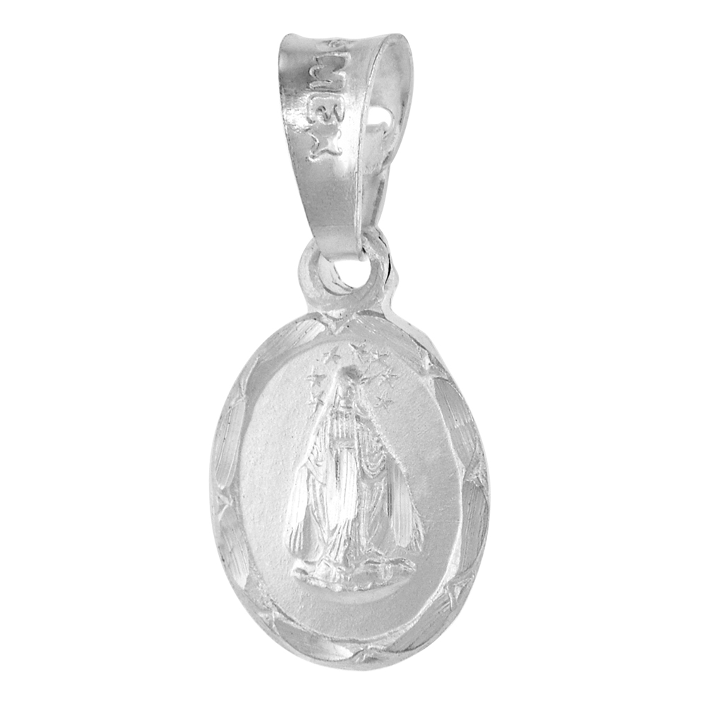 Sterling Silver Miraculous Medal Virgin Mary Pendant Tiny 7/16 inch tall Oval Diamond cut Rim