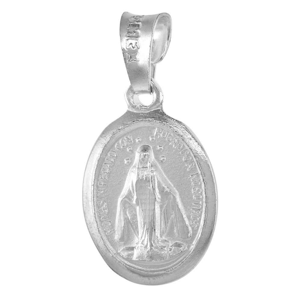 Sterling Silver Miraculous Medal Virgin Mary Pendant 9/16 inch tall Oval Polished Rim
