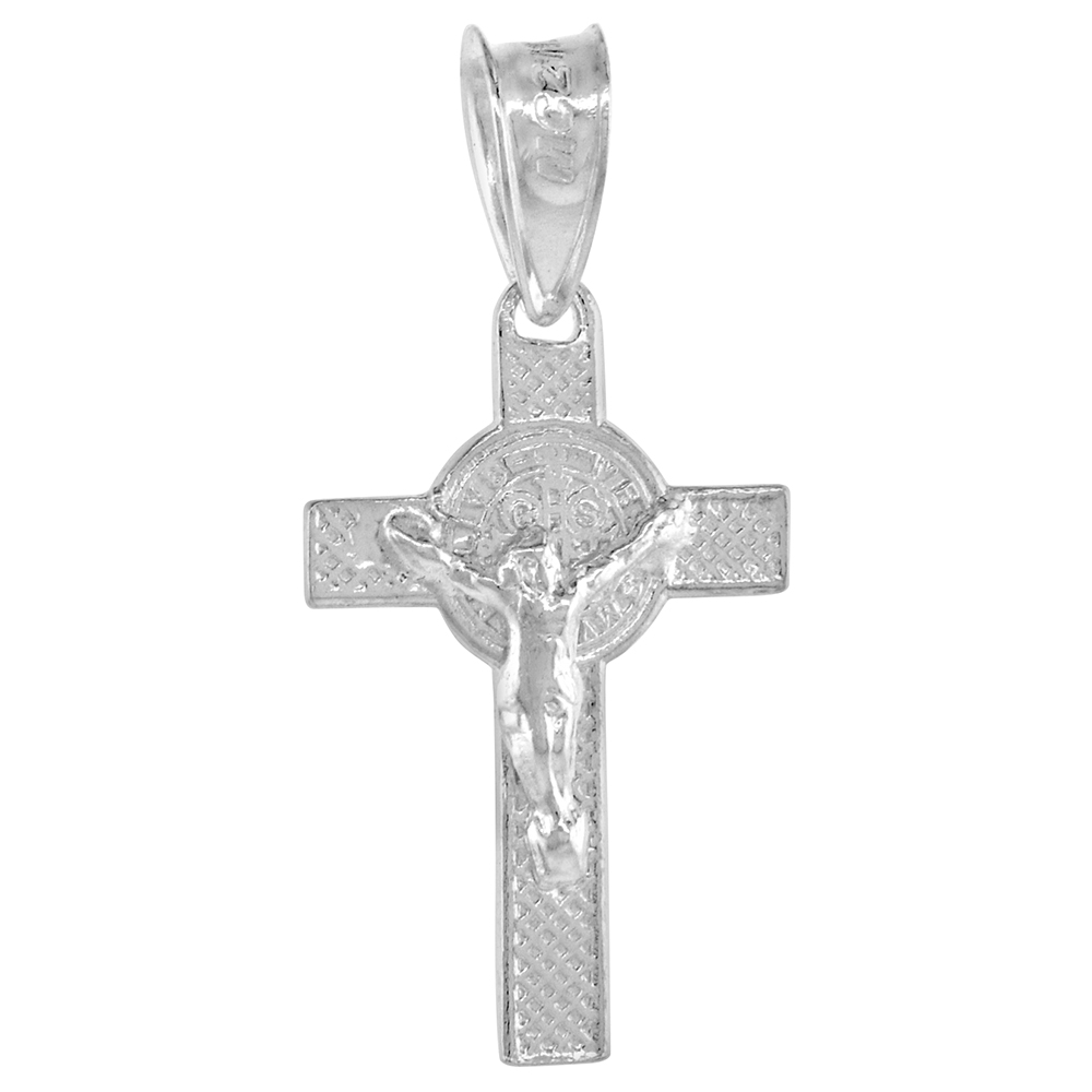 Tiny 3/4 inch Sterling Silver St Benedict Crucifix Pendant for Women and Men High Polished NO Chain Included