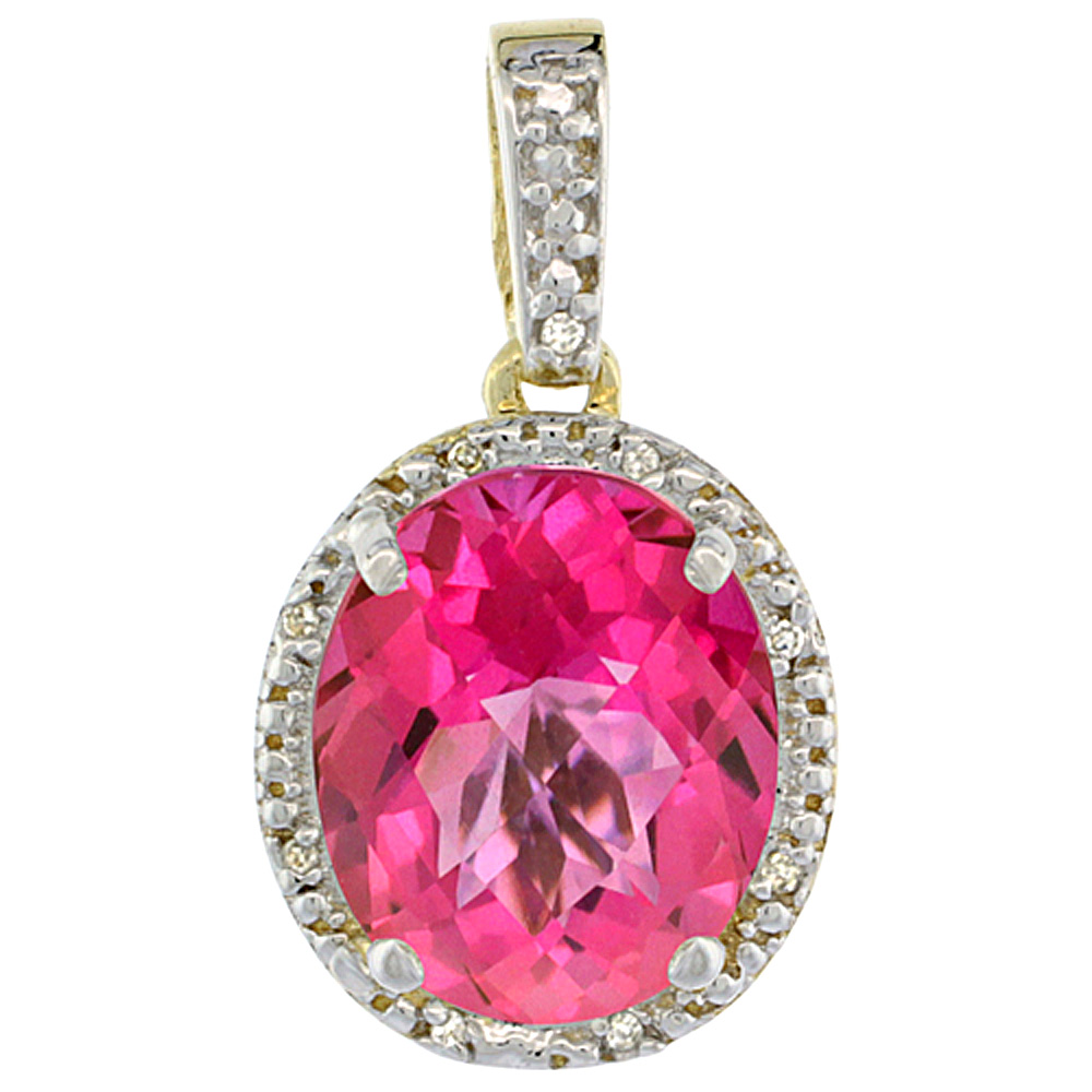 10K Yellow Gold Diamond Halo Natural Pink Topaz Necklace Oval 12x10 mm, 18 inch long