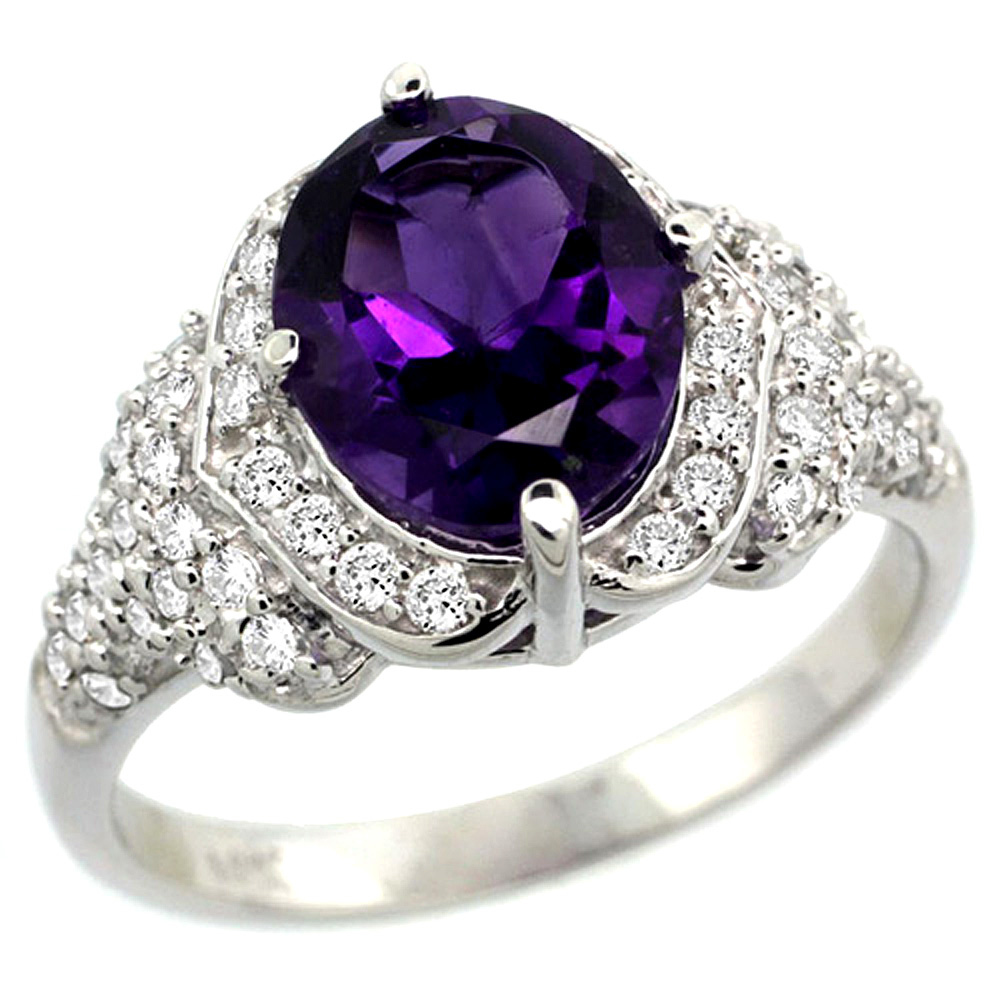 14k White Gold Natural Amethyst Ring Diamond Halo Oval 10x8mm, 1/2 inch wide, size 5
