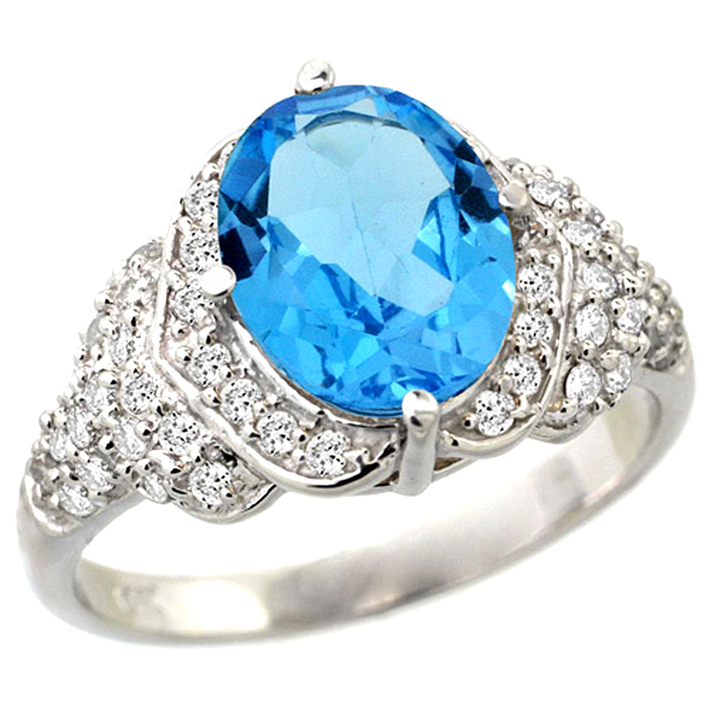 14k White Gold Natural Swiss Blue Topaz Ring Diamond Halo Oval 10x8mm, 1/2 inch wide, size 5