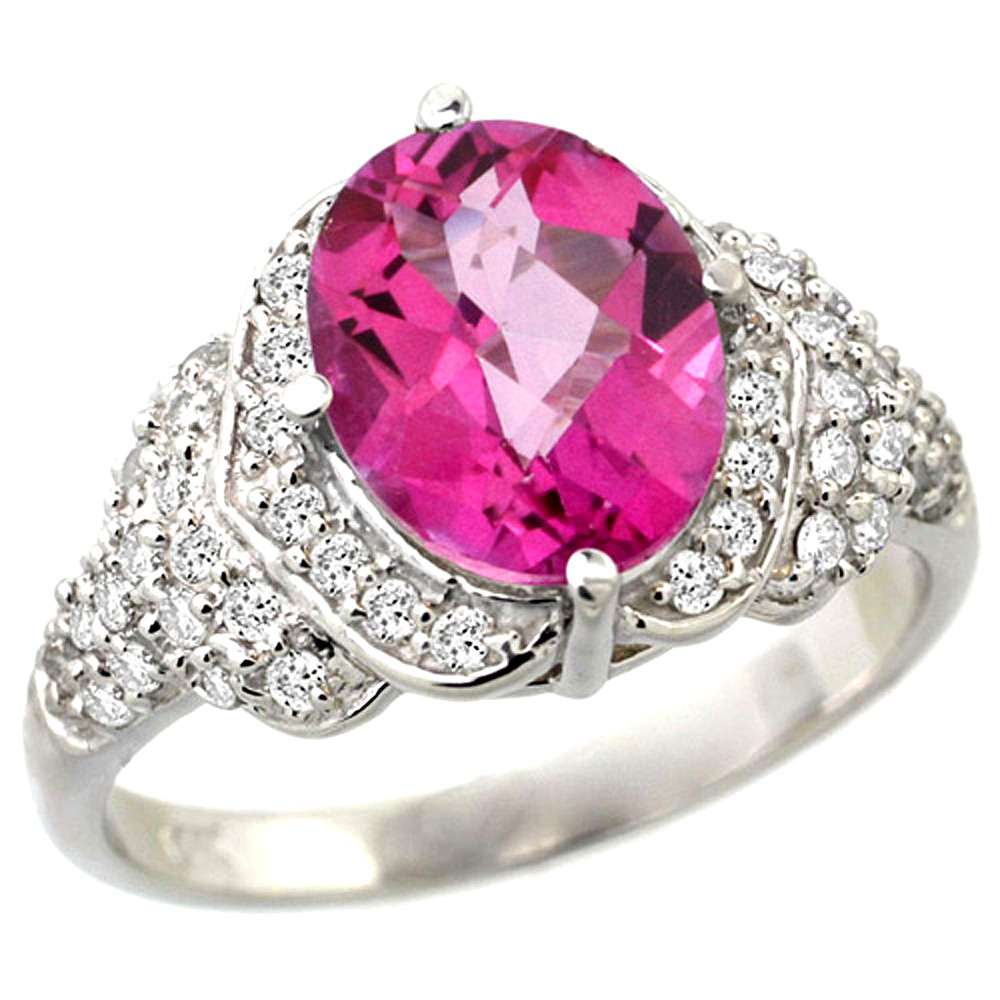 14k White Gold Natural Pink Topaz Ring Diamond Halo Oval 10x8mm, 1/2 inch wide, size 5