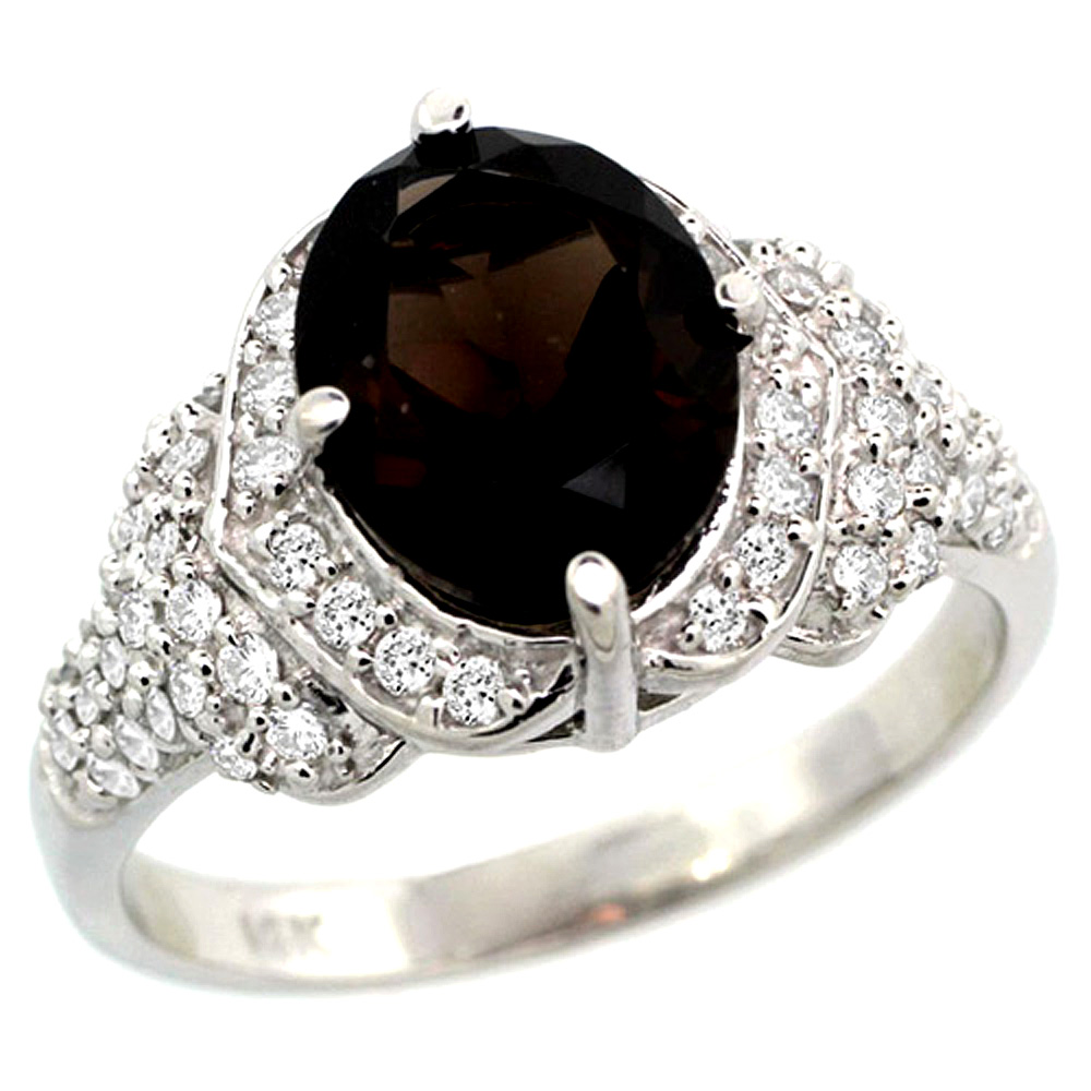 14k White Gold Natural Smoky Topaz Ring Diamond Halo Oval 10x8mm, 1/2 inch wide, size 5