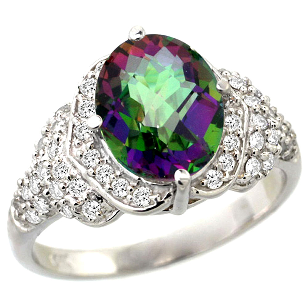 14k White Gold Natural Mystic Topaz Ring Diamond Halo Oval 10x8mm, 1/2 inch wide, size 5