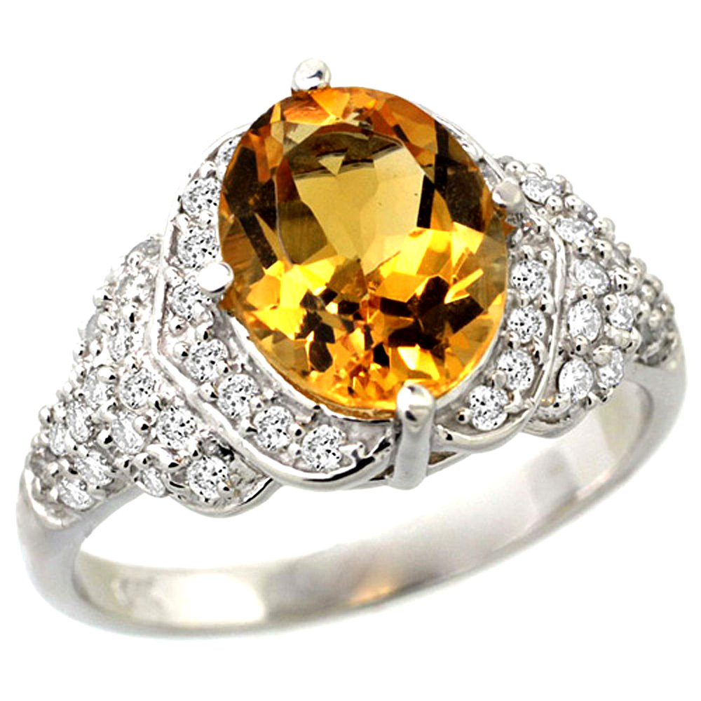 14k White Gold Natural Citrine Ring Diamond Halo Oval 10x8mm, 1/2 inch wide, size 5