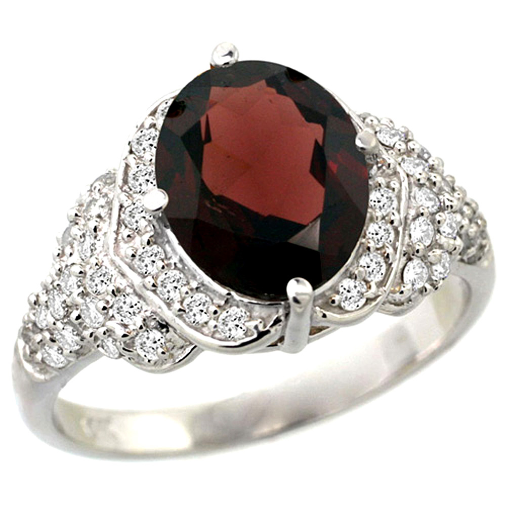 14k White Gold Natural Garnet Ring Diamond Halo Oval 10x8mm, 1/2 inch wide, size 5