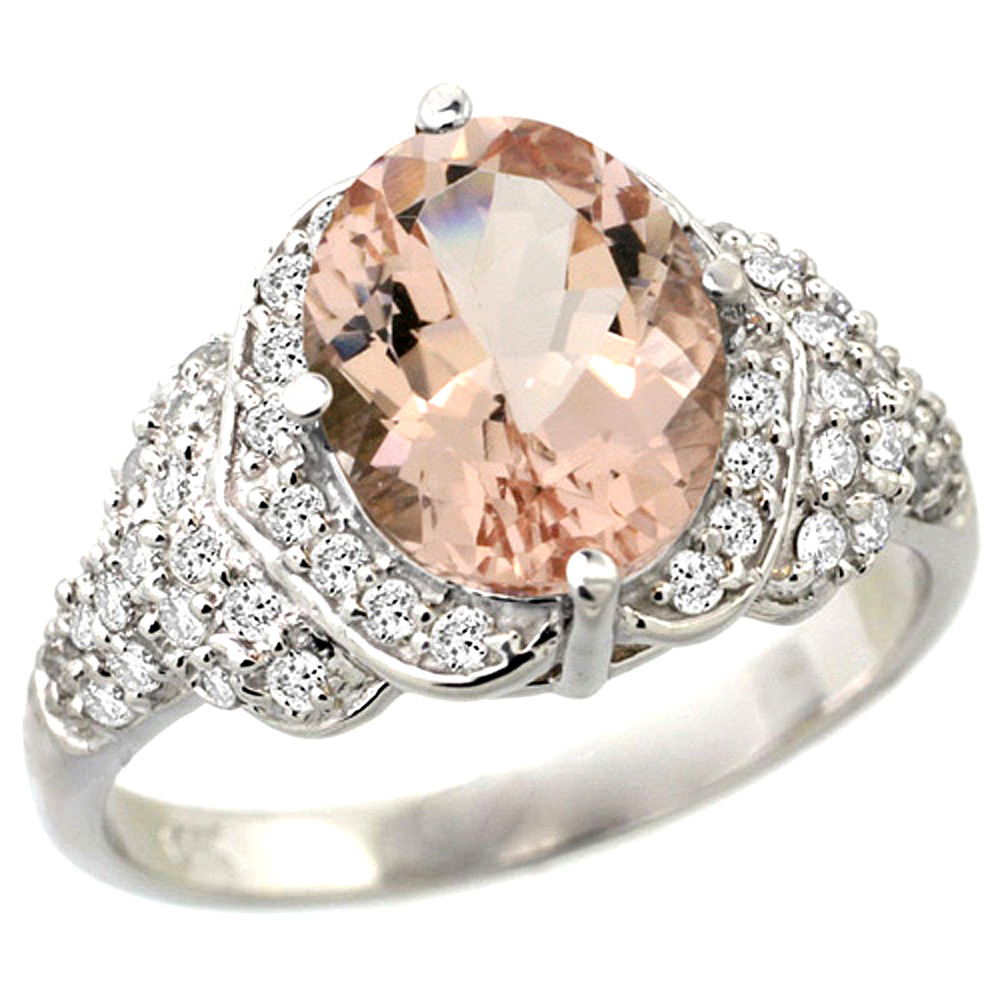 14k White Gold Natural Morganite Ring Diamond Halo Oval 10x8mm, 1/2 inch wide, size 5