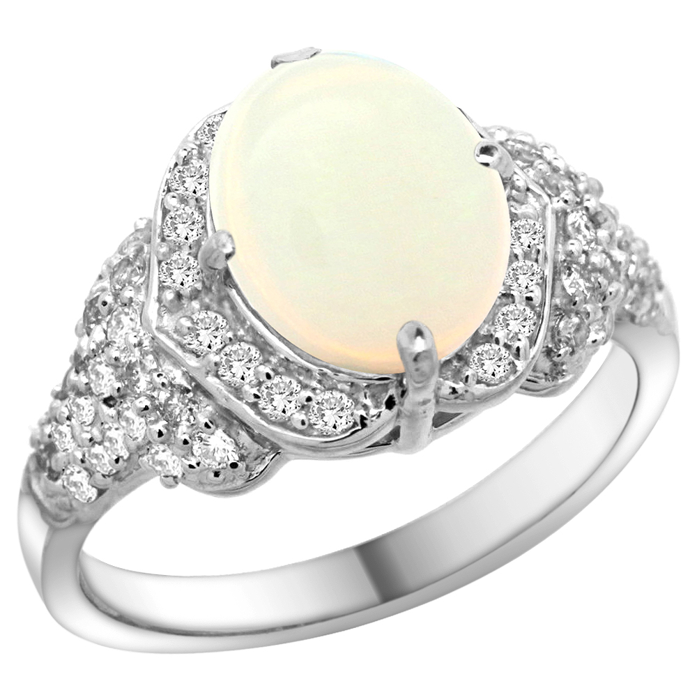 14k White Gold Natural Opal Ring Diamond Halo Oval 10x8mm, 1/2 inch wide, size 5