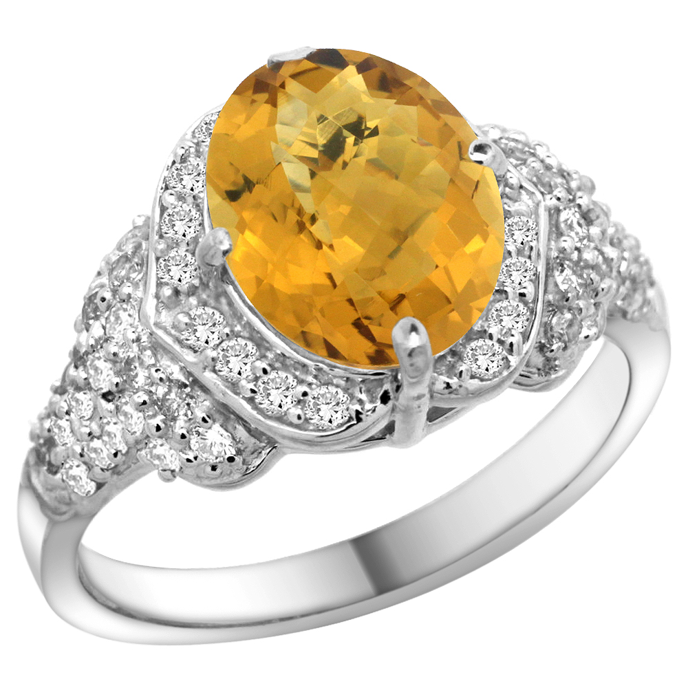 14k White Gold Natural Whisky Quartz Ring Diamond Halo Oval 10x8mm, 1/2 inch wide, size 5