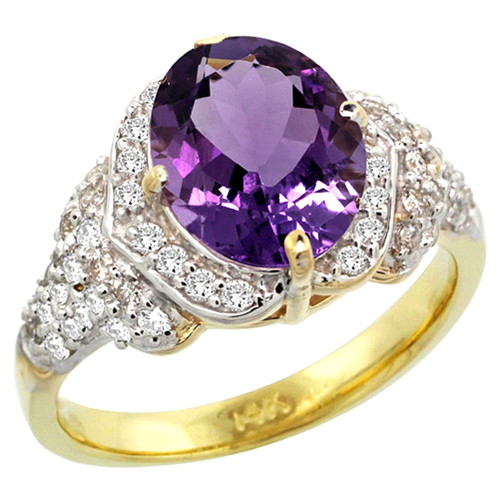 14k Gold Natural Amethyst Ring 10x8 mm Oval Shape Diamond Halo, 1/2 inch wide
