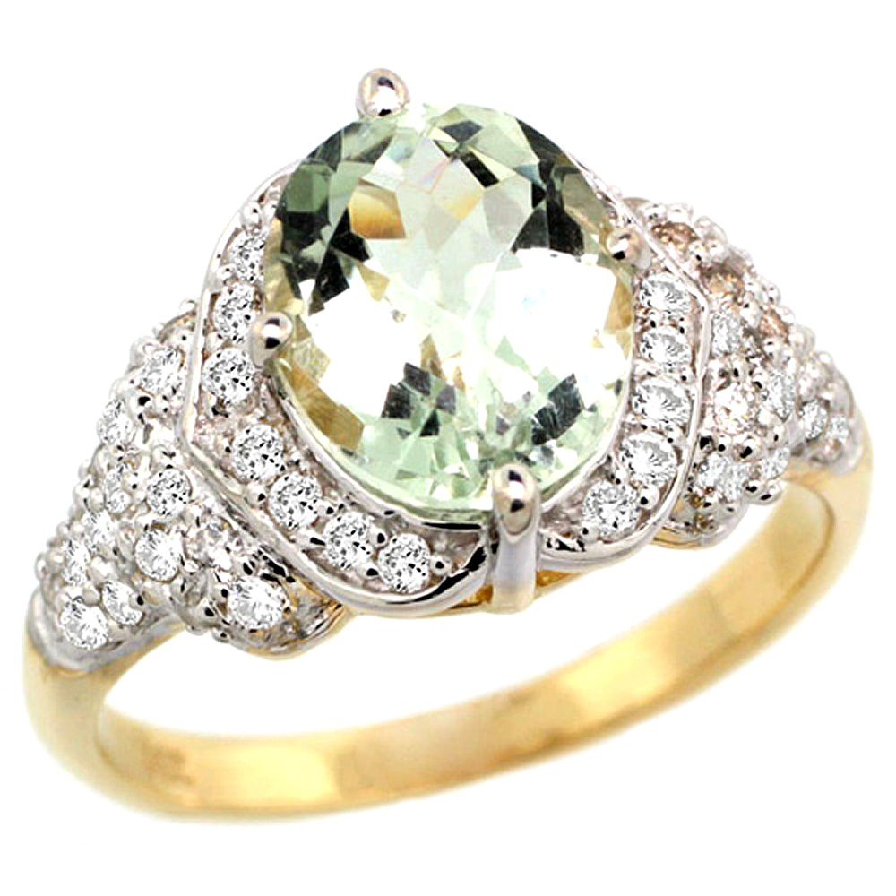 14k Gold Natural Green Amethyst Ring 10x8 mm Oval Shape Diamond Halo, 1/2 inch wide