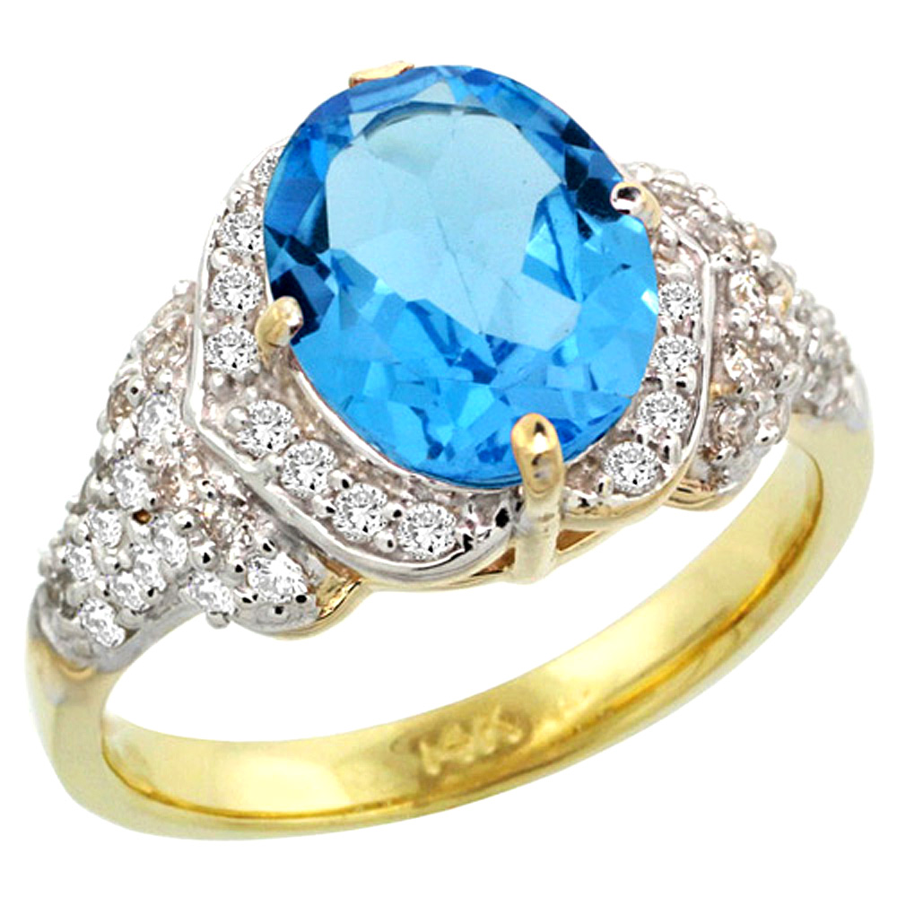 14k Gold Natural Swiss Blue Topaz Ring 10x8 mm Oval Shape Diamond Halo, 1/2 inch wide