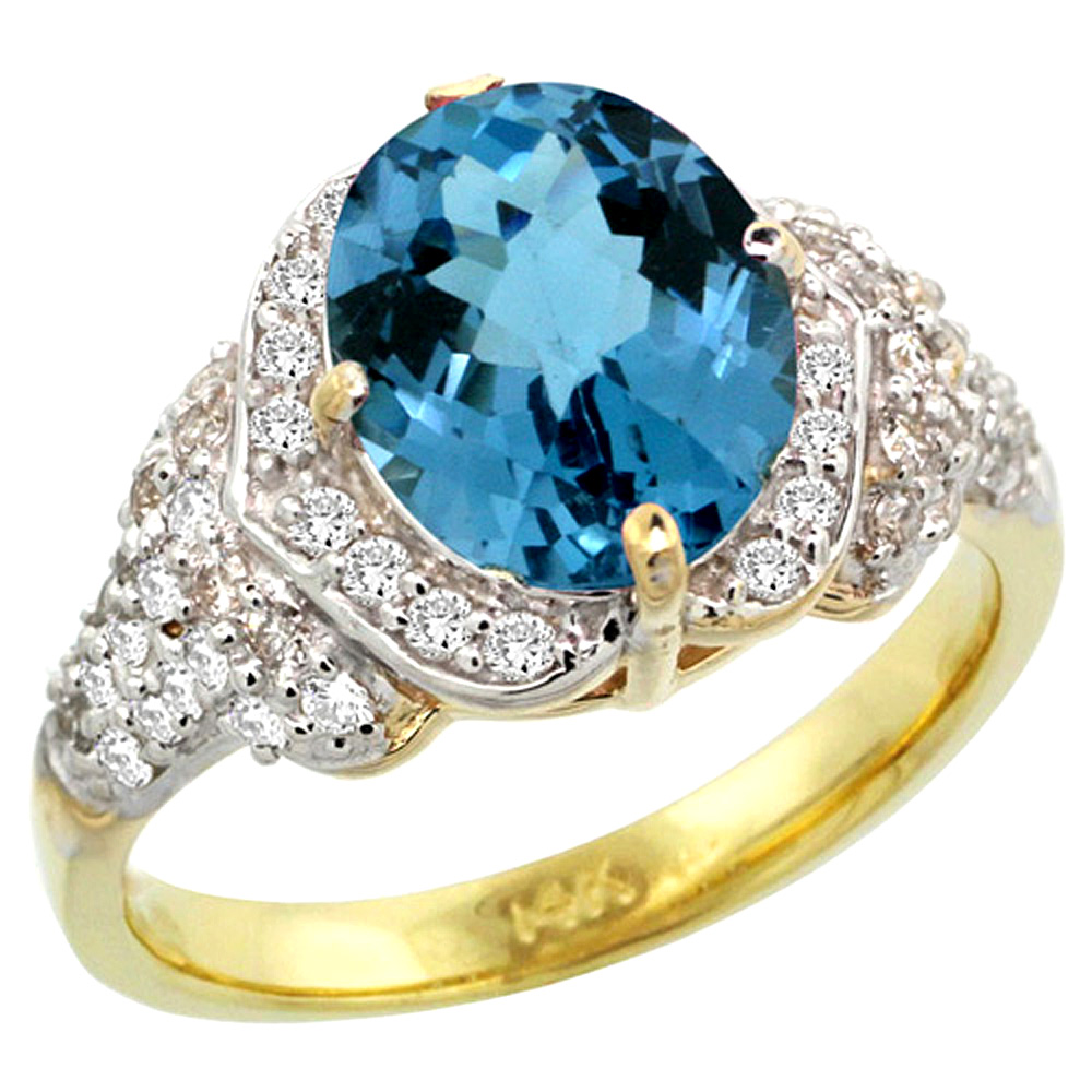 14k Gold Natural London Blue Topaz Ring 10x8 mm Oval Shape Diamond Halo, 1/2 inch wide