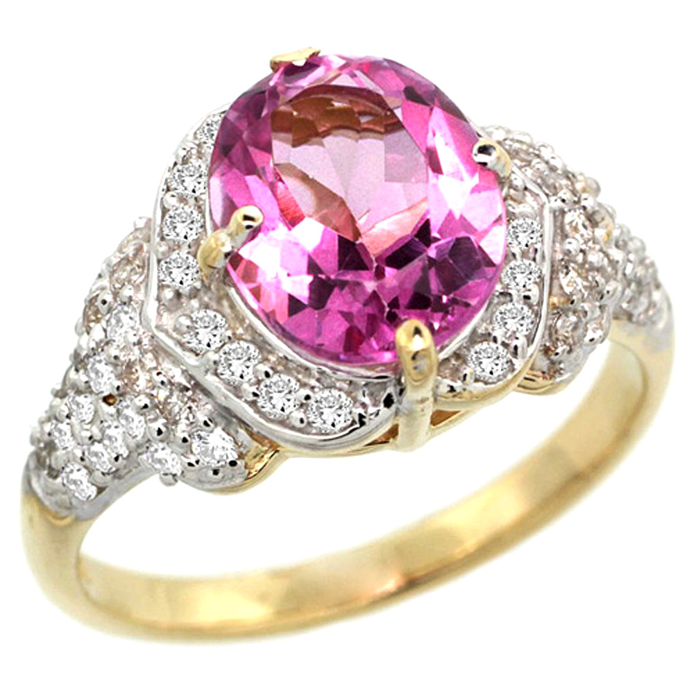 14k Gold Natural Pink Topaz Ring 10x8 mm Oval Shape Diamond Halo, 1/2 inch wide