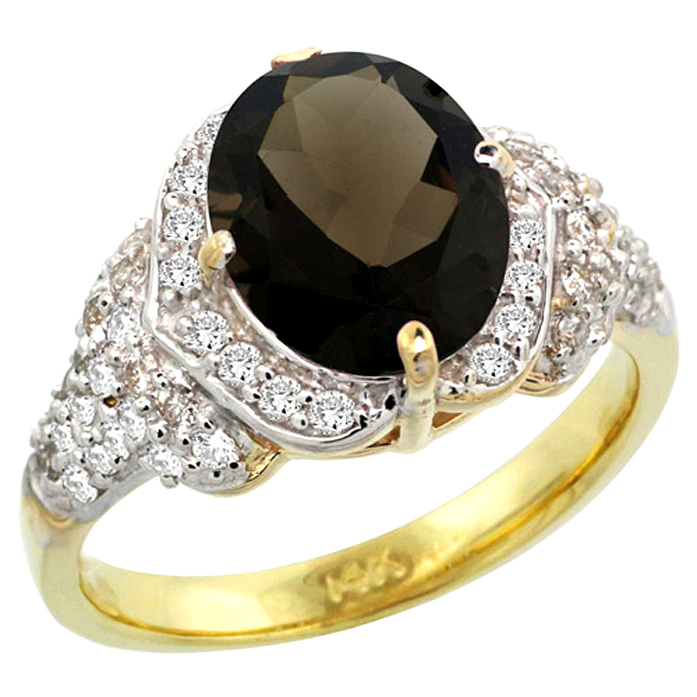 14k Gold Natural Smoky Topaz Ring 10x8 mm Oval Shape Diamond Halo, 1/2 inch wide