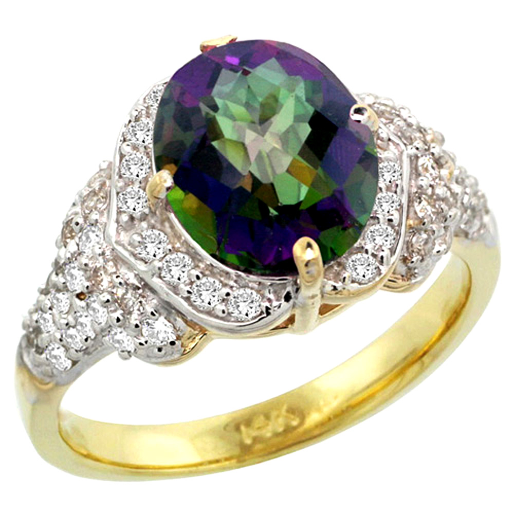 14k Gold Natural Mystic Topaz Ring 10x8 mm Oval Shape Diamond Halo, 1/2 inch wide