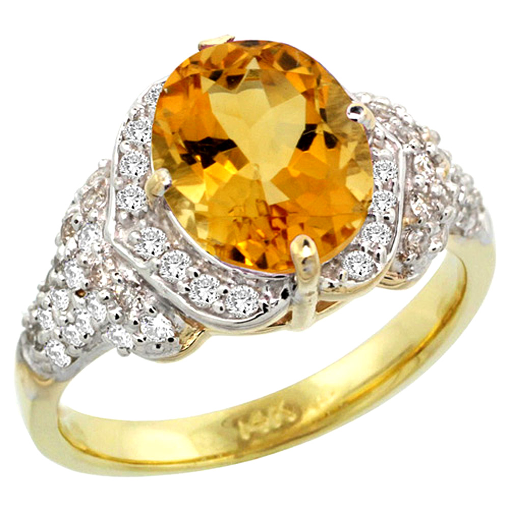 14k Gold Natural Citrine Ring 10x8 mm Oval Shape Diamond Halo, 1/2 inch wide