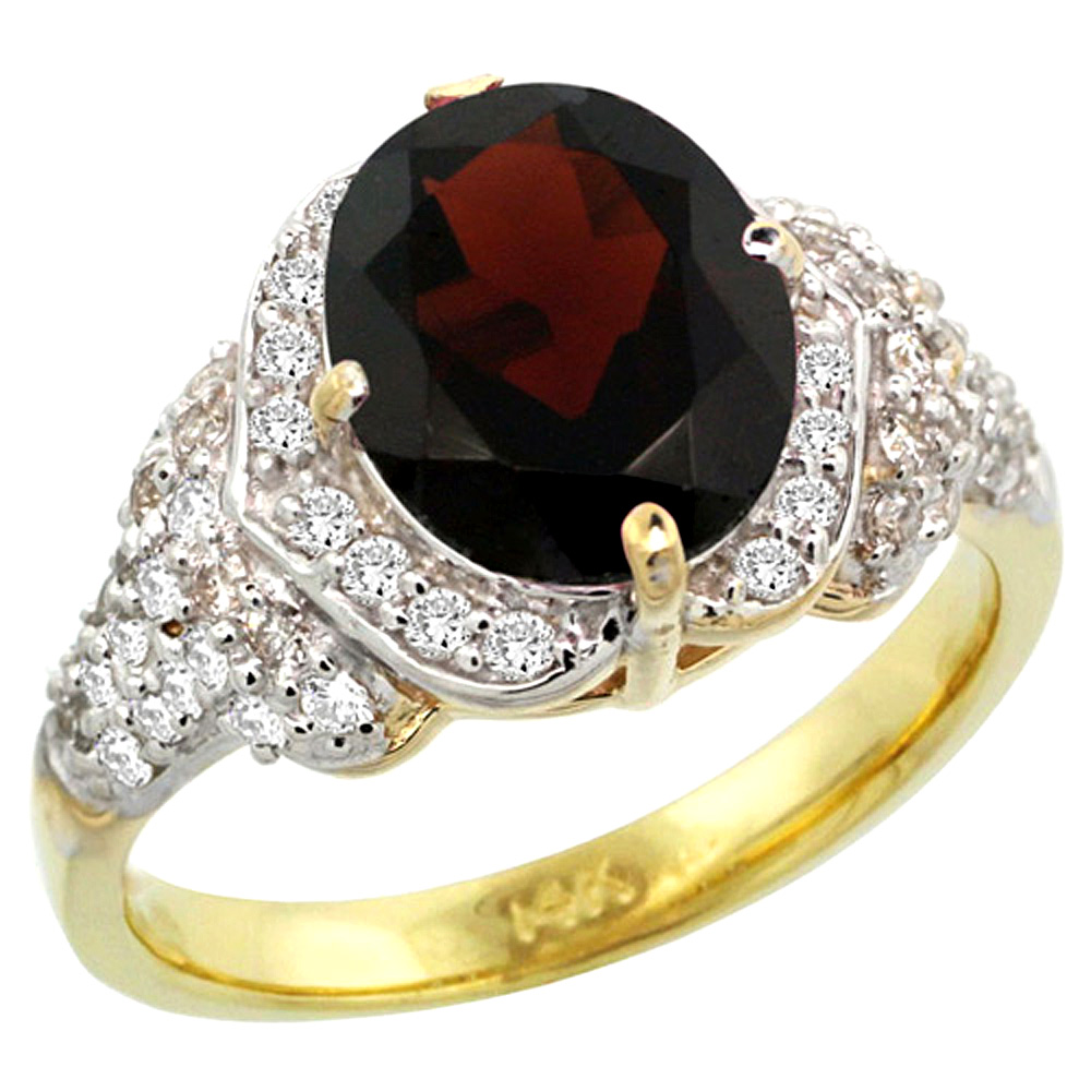 14k Gold Natural Garnet Ring 10x8 mm Oval Shape Diamond Halo, 1/2 inch wide