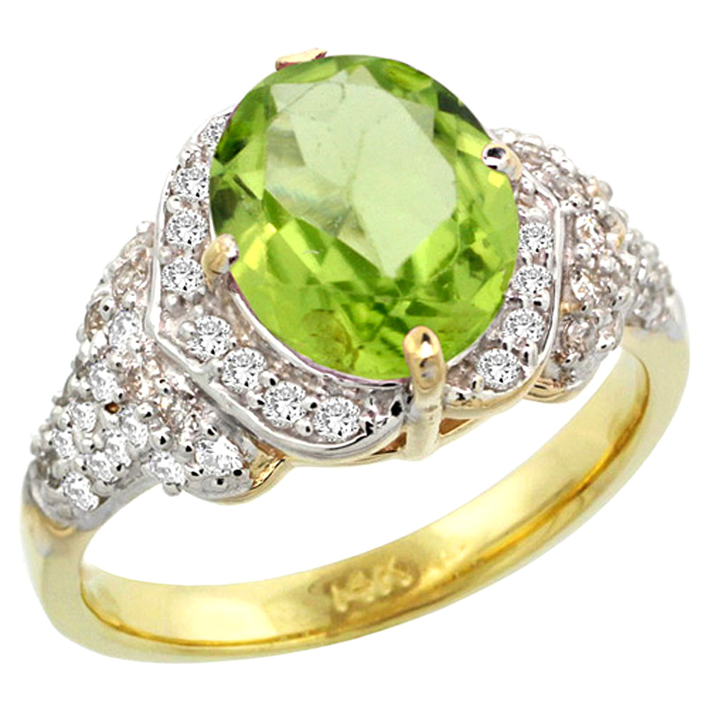 14k Gold Natural Peridot Ring 10x8 mm Oval Shape Diamond Halo, 1/2 inch wide