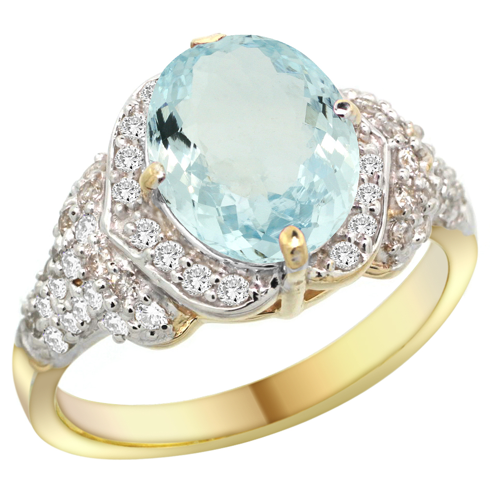 14k Yellow Gold Natural Aquamarine Ring Diamond Halo Oval 10x8mm, 1/2 inch wide, size 5-10