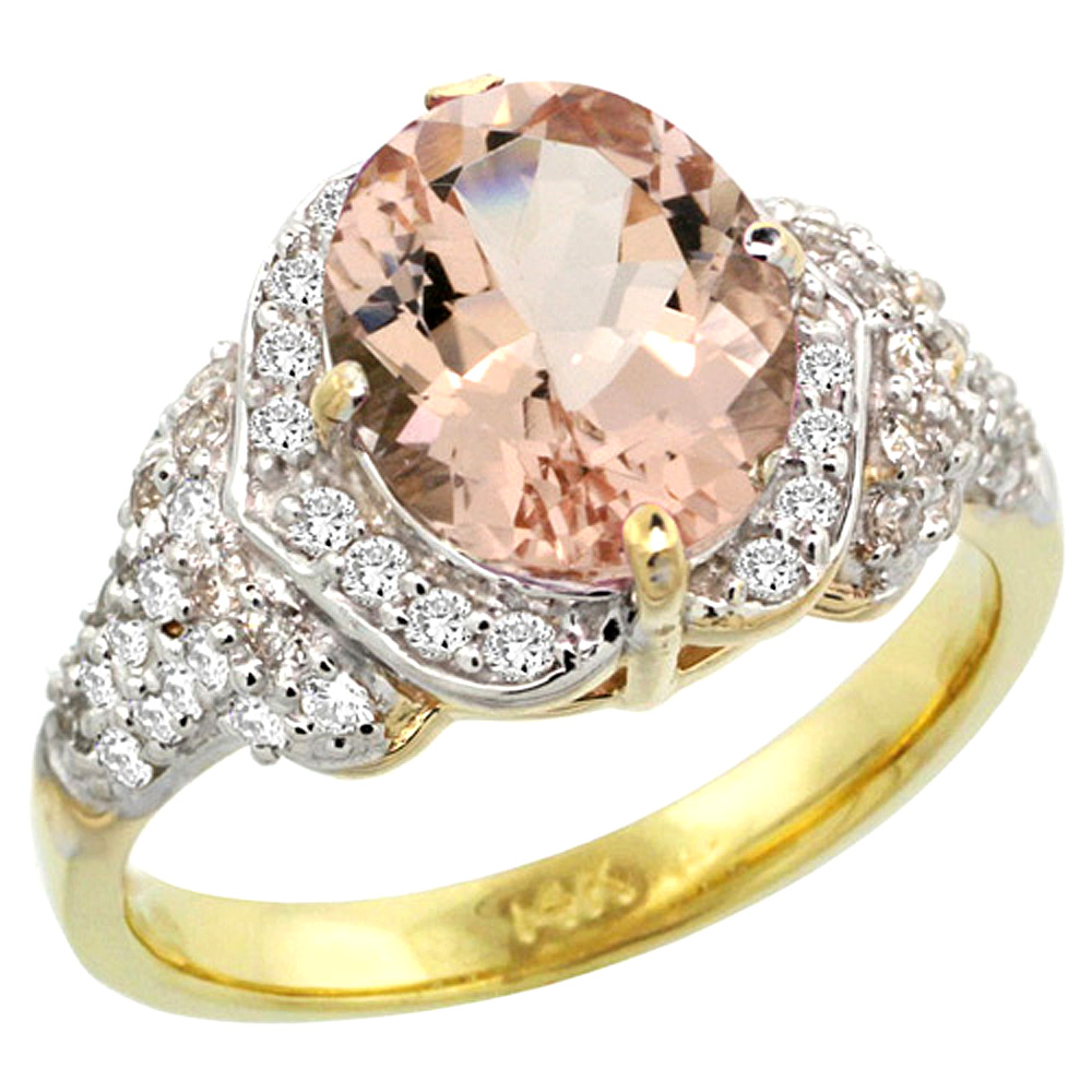 14k Gold Natural Morganite Ring 10x8 mm Oval Shape Diamond Halo, 1/2 inch wide
