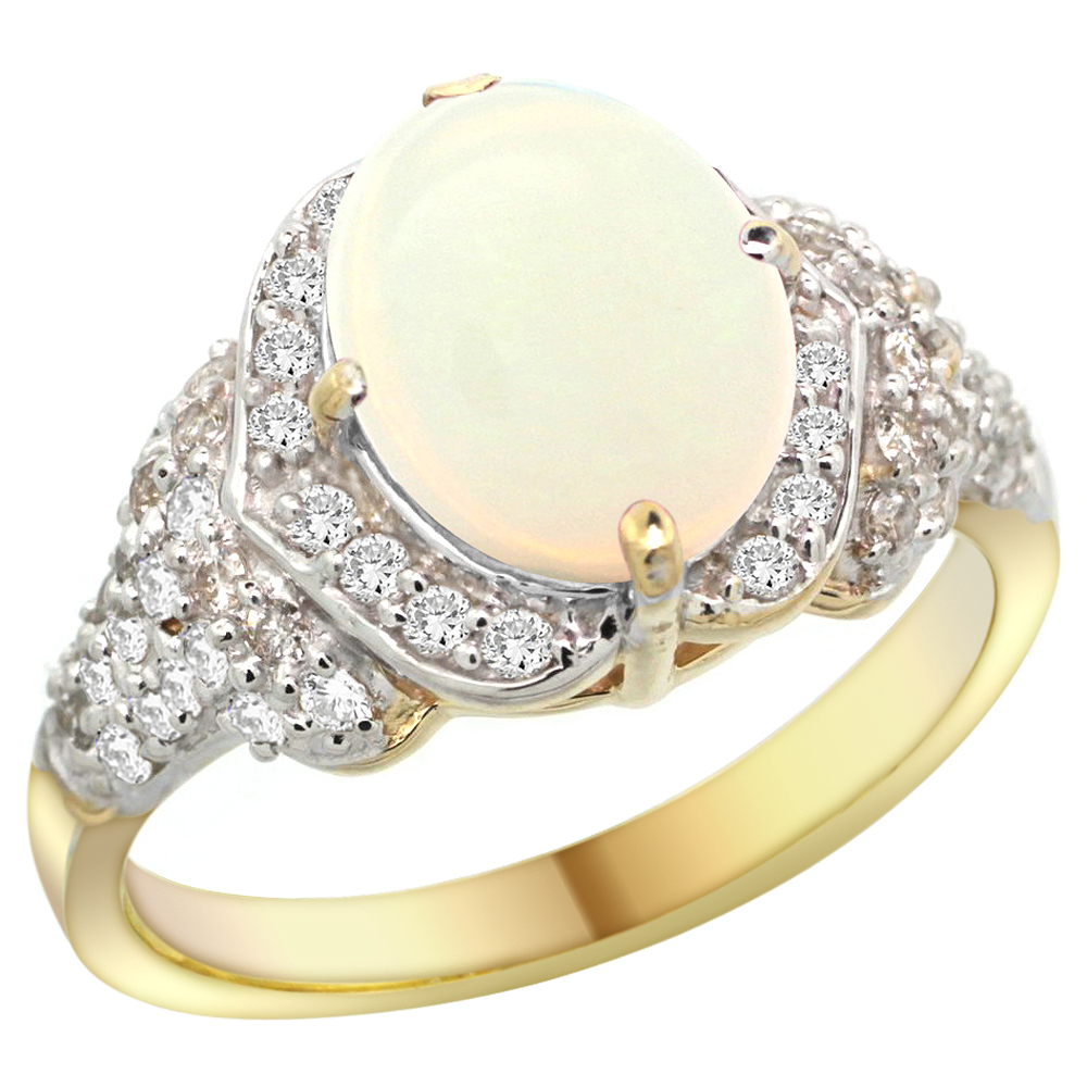 14k Gold Natural Opal Ring 10x8 mm Oval Shape Diamond Halo, 1/2 inch wide