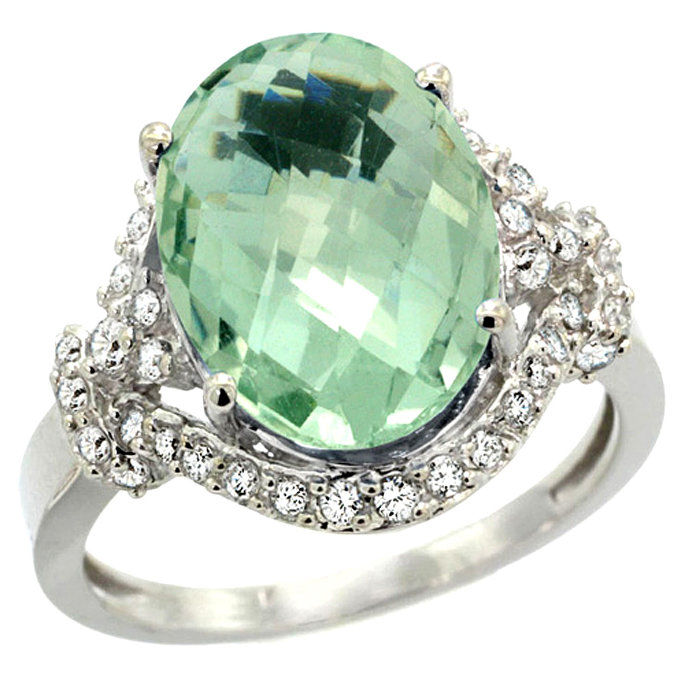14k White Gold Natural Green Amethyst Ring Diamond Halo Oval 14x10mm, 3/4 inch wide, sizes 5 - 10