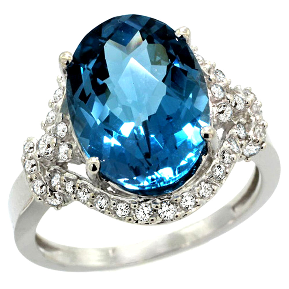 14k White Gold Natural Swiss Blue Topaz Ring Diamond Halo Oval 14x10mm, 3/4 inch wide, sizes 5 - 10