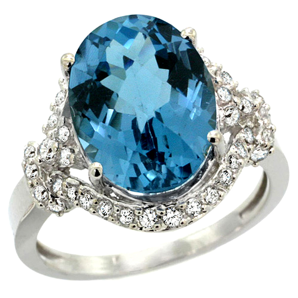 14k White Gold Natural London Blue Topaz Ring Diamond Halo Oval 14x10mm, 3/4 inch wide, sizes 5 - 10