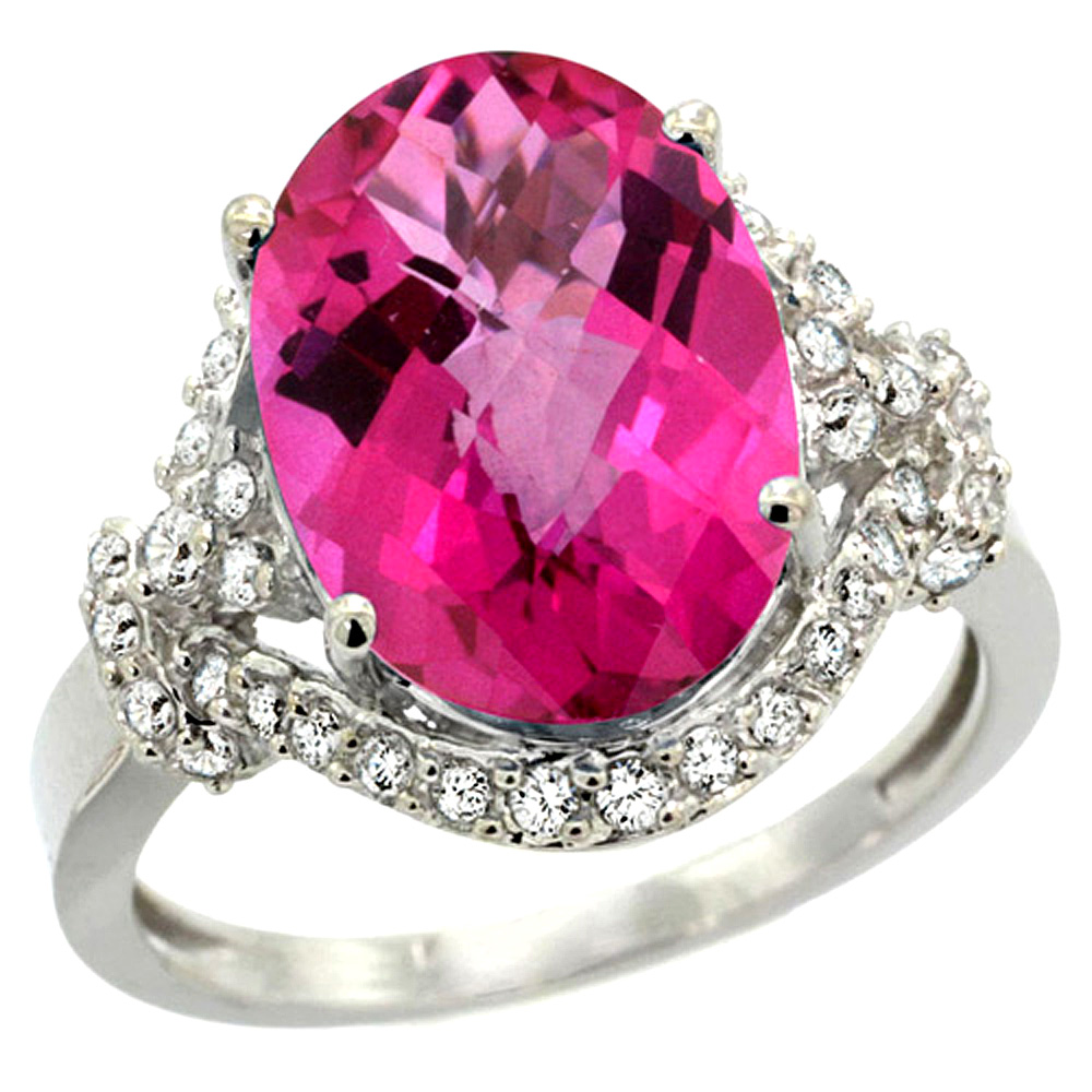 14k White Gold Natural Pink Topaz Ring Diamond Halo Oval 14x10mm, 3/4 inch wide, sizes 5 - 10