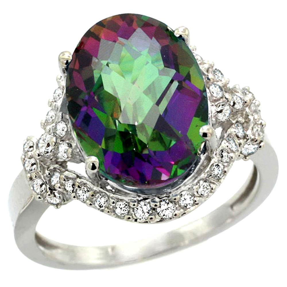14k White Gold Natural Mystic Topaz Ring Diamond Halo Oval 14x10mm, 3/4 inch wide, sizes 5 - 10