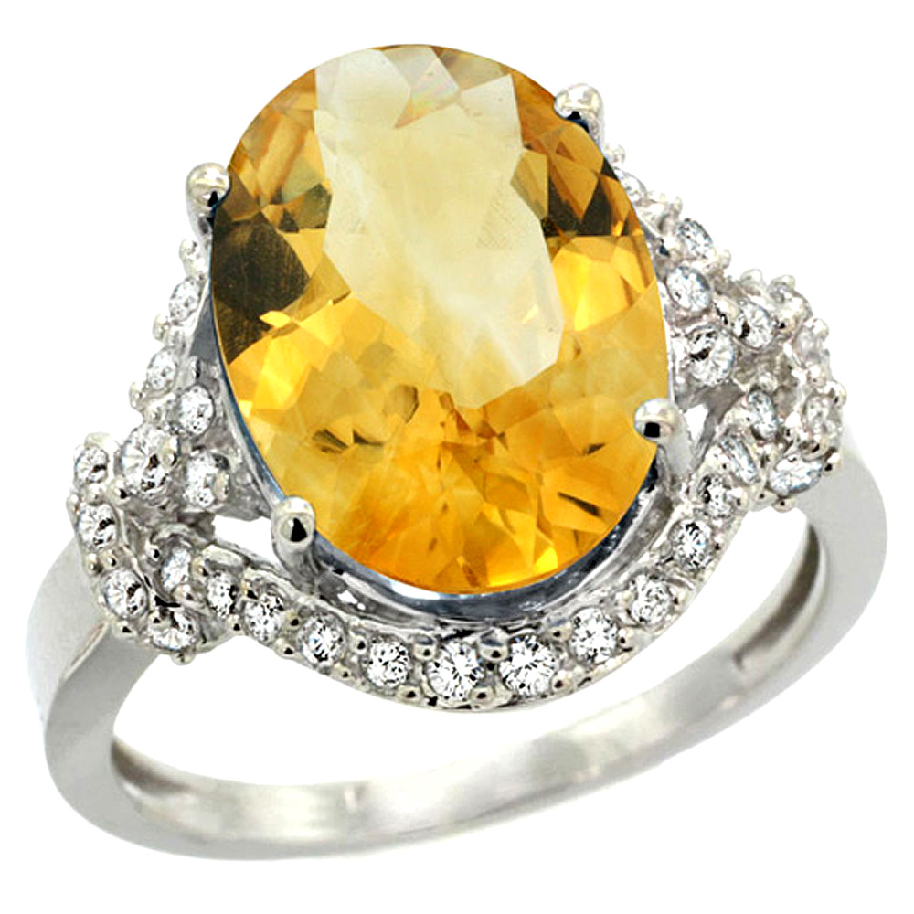 14k White Gold Natural Citrine Ring Diamond Halo Oval 14x10mm, 3/4 inch wide, sizes 5 - 10