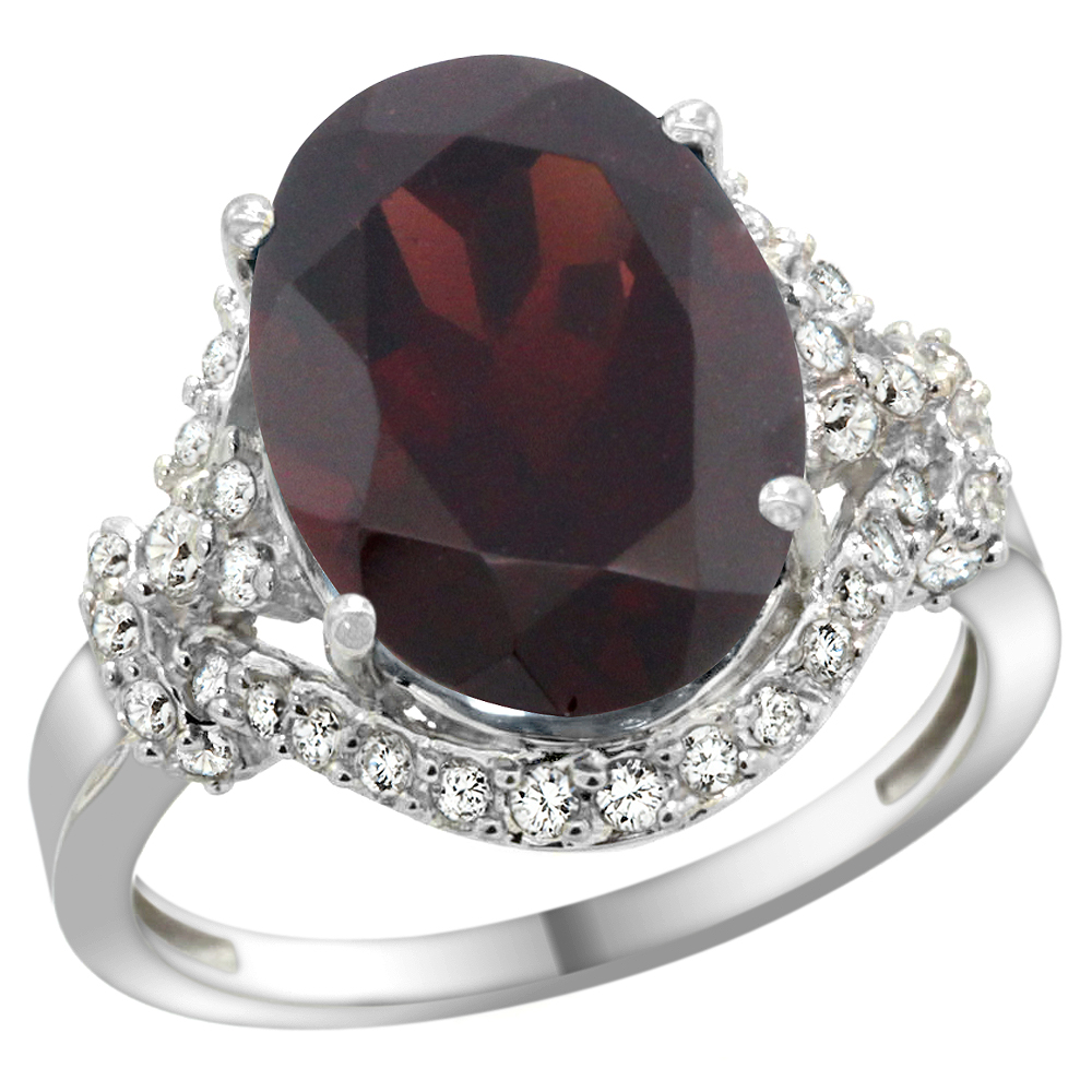 14k White Gold Natural Garnet Ring Diamond Halo Oval 14x10mm, 3/4 inch wide, sizes 5 - 10