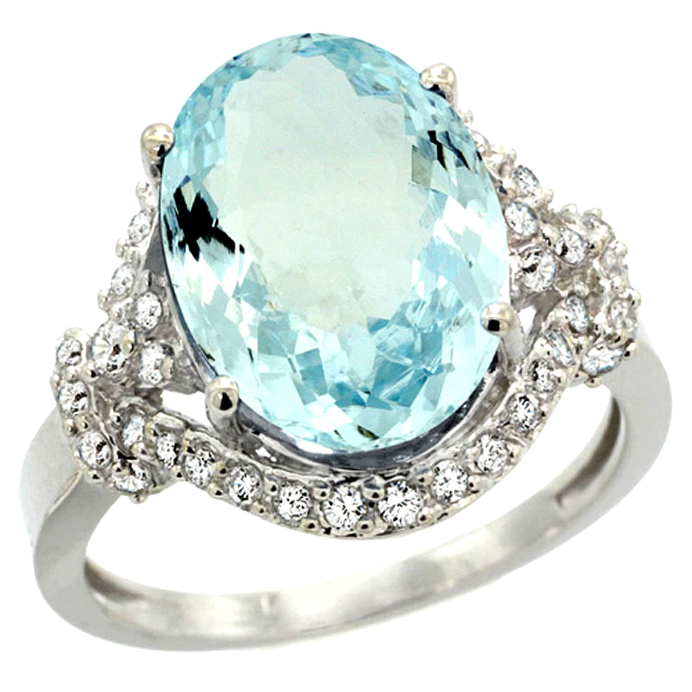 14k White Gold Natural Aquamarine Ring Diamond Halo Oval 14x10mm, 3/4 inch wide, sizes 5 - 10