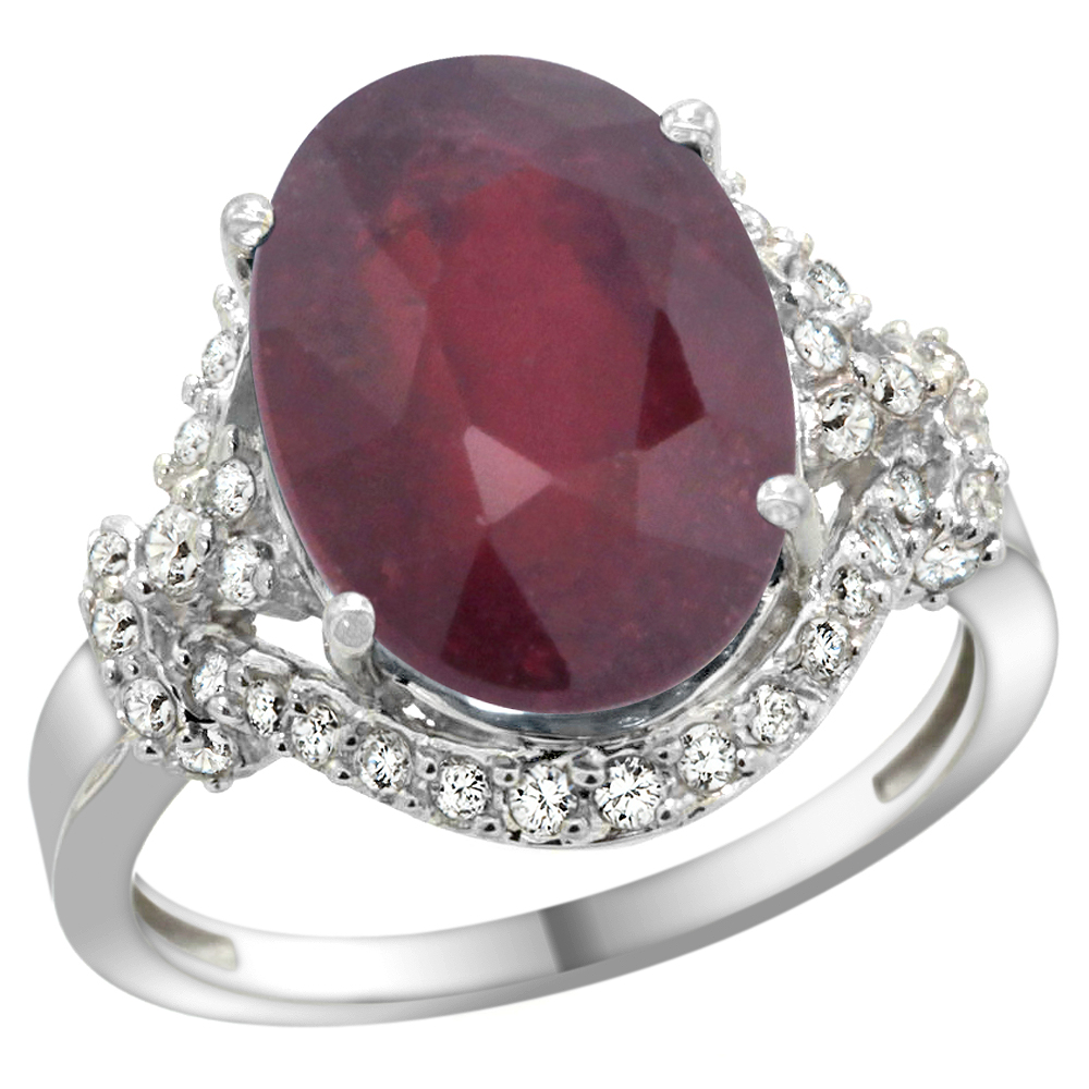 14k White Gold Natural Enhanced Ruby Ring Diamond Halo Oval 14x10mm, 3/4 inch wide, sizes 5 - 10