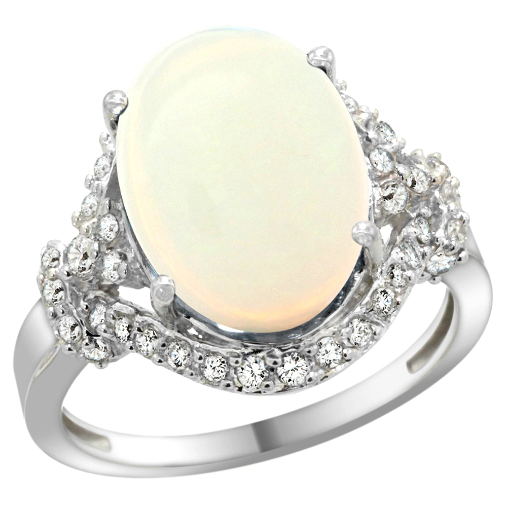 14k White Gold Natural Opal Ring Diamond Halo Oval 14x10mm, 3/4 inch wide, sizes 5 - 10