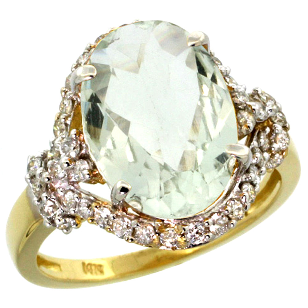 14k Yellow Gold Natural Green Amethyst Ring Diamond Halo Oval 14x10mm, 3/4 inch wide, sizes 5 - 10