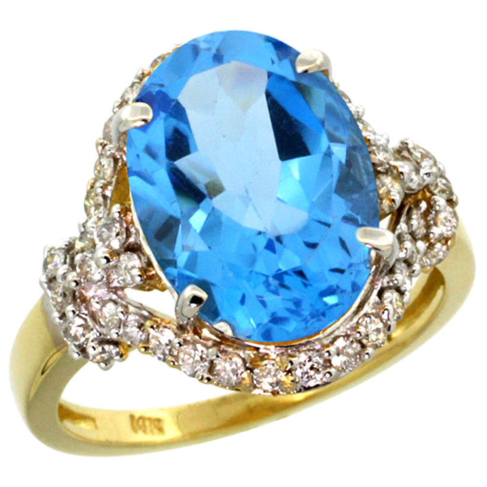 14k Yellow Gold Natural Swiss Blue Topaz Ring Diamond Halo Oval 14x10mm, 3/4 inch wide, sizes 5 - 10